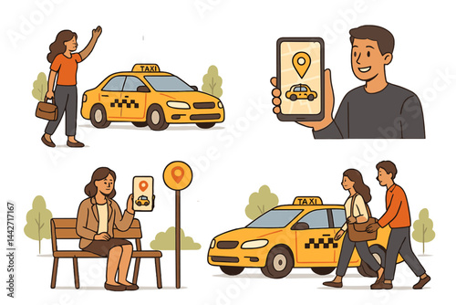 People hailing a taxi using a smartphone in a vibrant urban environment with yellow taxis parked nearby