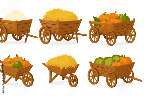 Vector flat illustration showcasing wooden wheelbarrows filled with pumpkins, hay, and soil in a harvest setting