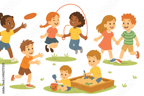 Children enjoying outdoor playtime with games, laughter, and friendship in a sunny park setting
