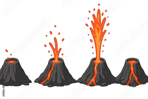 Volcano eruption sequence in flat vector illustration style showcasing lava fountains and ash clouds