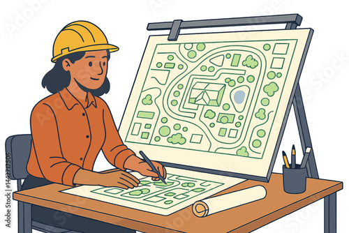 Woman architect designing a layout plan at her desk in a creative workspace during daytime