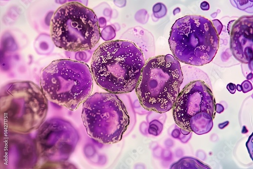 Lymphocytes under microscope with detailed cell textures and vivid structure