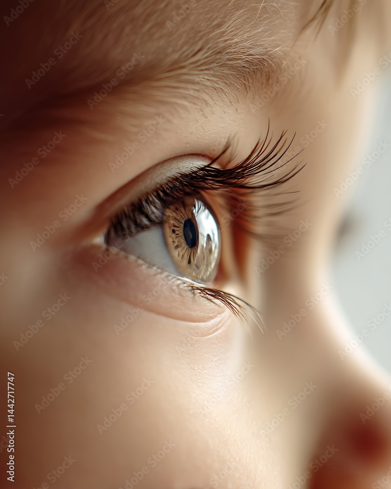 Fototapeta premium Close-up of a child’s eye with long eyelashes and bright expression. Natural lighting, white background.