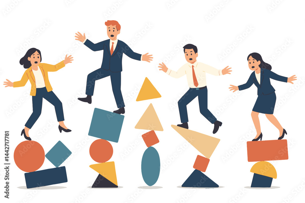 Business team balancing on geometric shapes during a playful office activity in a modern workspace setting