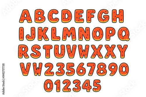 Bright vector flat illustration of playful watermelon-themed alphabet and numbers set, perfect for summer designs and children's education materials