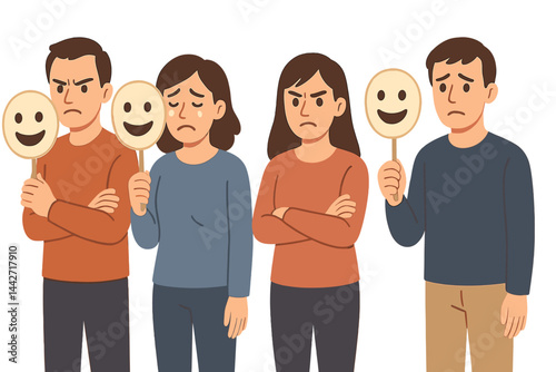 Emotional expressions showcased through vector flat illustration of four people holding masks in a range of feelings