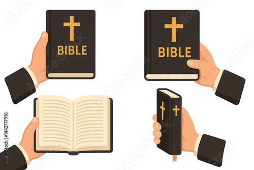 Hands holding different styles of bibles in flat vector illustration emphasizing faith and spirituality