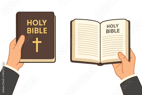 Illustration of hands holding a closed and open Holy Bible, showcasing faith and spirituality in a simple design