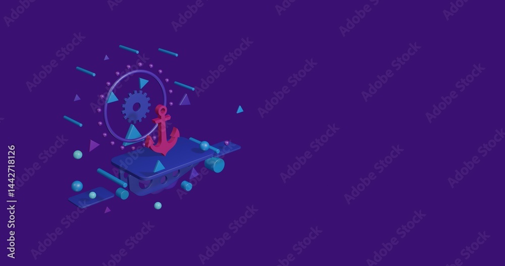 Naklejka premium Pink sea anchor symbol on a pedestal of abstract geometric shapes floating in the air. Abstract concept art with flying shapes on the left. 3d illustration on deep purple background