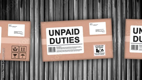 Looping animation of packages labeled “UNPAID DUTIES” moving along a conveyor belt, returned to sender due to unpaid customs or import fees.  	