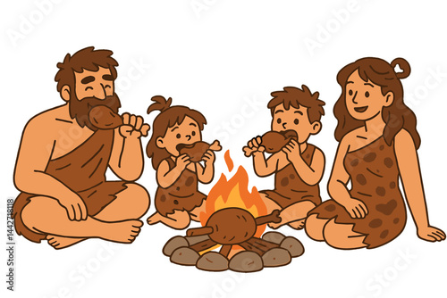 Family gathering around a fire enjoying a meal in a prehistoric setting with cave art style