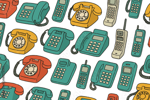 Vintage telephone patterns featuring rotary, corded, and cordless designs in vibrant colors