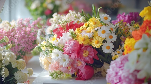 A close-up view of a flower shop's retail display, showcasing an assortment of fresh, hand-tied bouquets in a variety of floral compositions. 