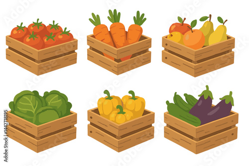 Fresh produce in wooden crates displayed on a market table showcasing vibrant vegetables and fruits
