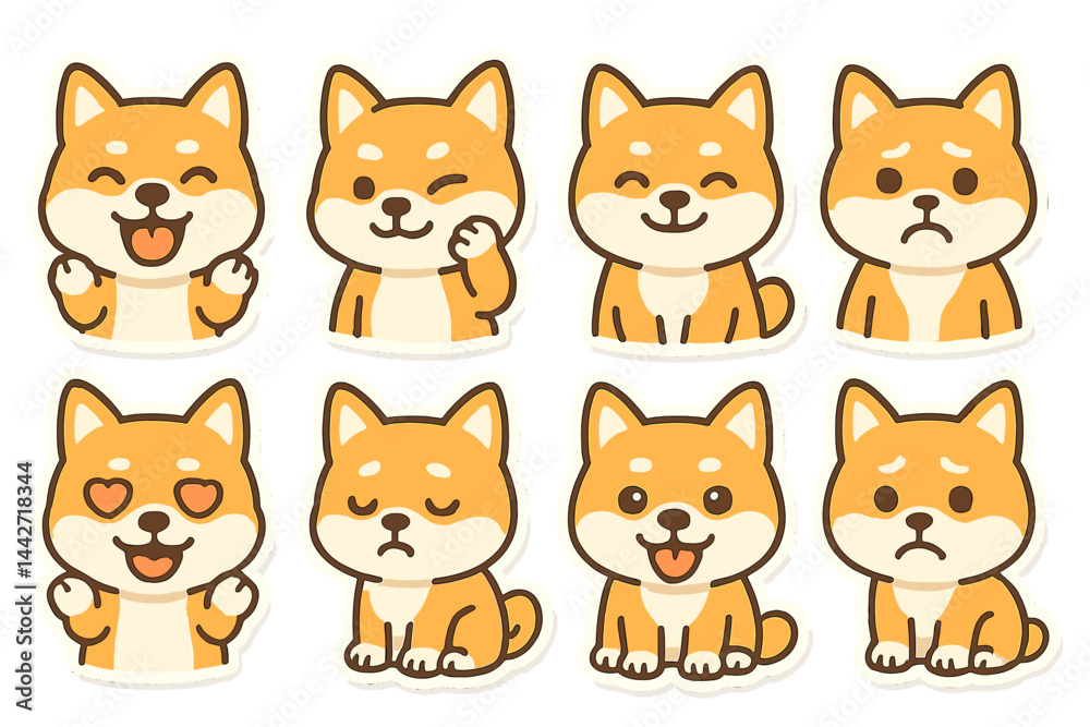 Cute shiba inu dog sticker set featuring various playful and emotional expressions in a flat vector design style Cute shiba inu dog sticker set featuring various playful and emotional expressions in a flat vector design style