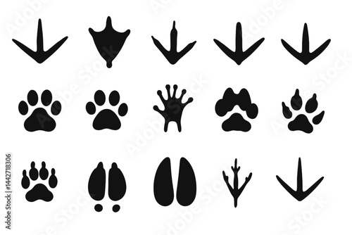 Unique collection of animal tracks illustrated in flat vector style, showcasing diverse species in black silhouette against white background