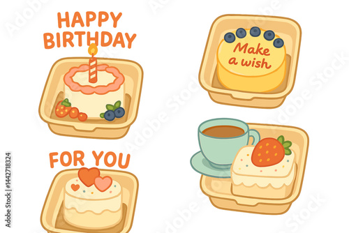 Colorful flat vector illustration celebrating a birthday with cake, dessert, and a comforting cup of coffee in cheerful packaging