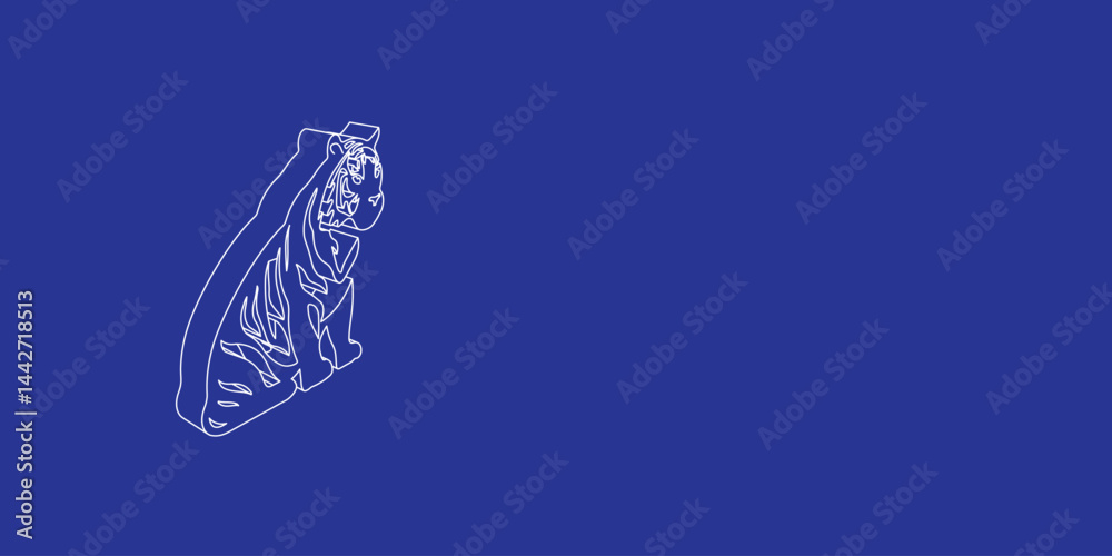 The outline of a large sitting tiger symbol made of white lines on the left. 3D view of the object in perspective. Vector illustration on indigo background The outline of a large sitting tiger symbol made of white lines on the left. 3D view of the object in perspective. Vector illustration on indigo background