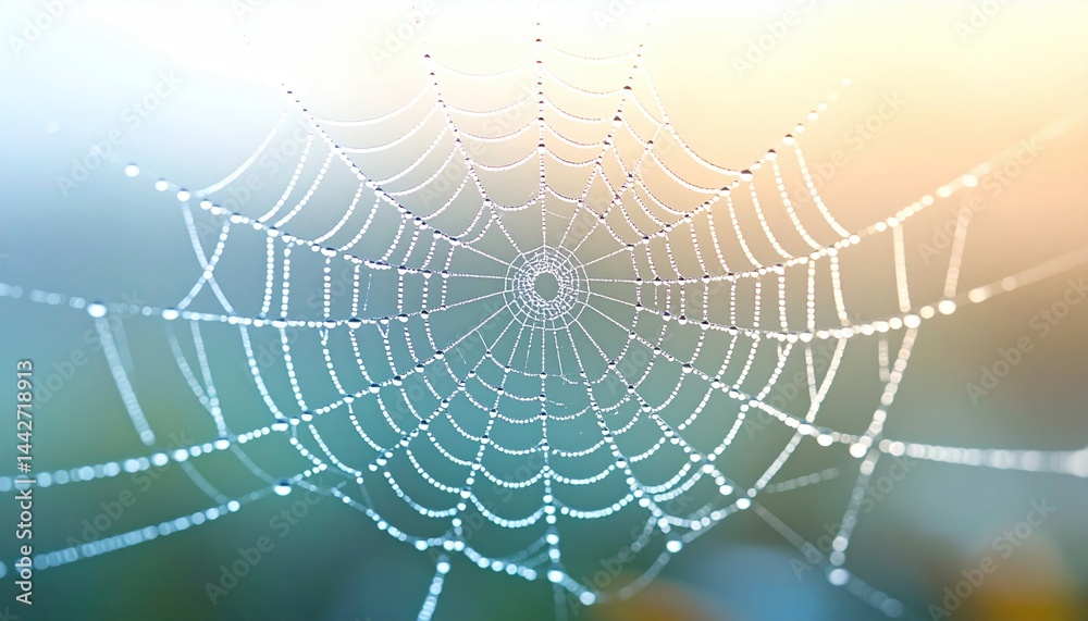 Naklejka premium Web of nature dew-kissed spider silk outdoor setting close-up photography tranquil environment macro view beauty of symmetry