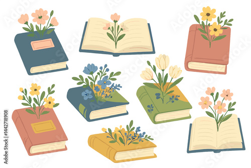 Colorful vector illustration featuring open books adorned with floral arrangements highlighting nature and education