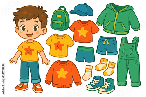 Child enjoying playful outfit selection with colorful clothing and accessories in a cheerful and lively setting
