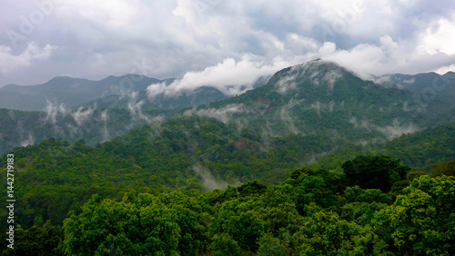 Mountains pierce the sky, wrapped in drifting clouds. Mist dances across ridges, veiling peaks in mystery. A serene, powerful landscape where earth and sky silently merge.