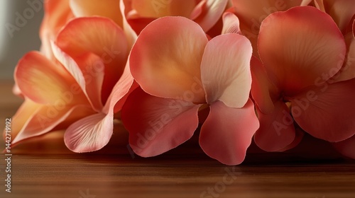 A close-up HD shot of an artificial flower centerpiece placed on a wooden table, showcasing the realistic texture and color gradients of the petals. 