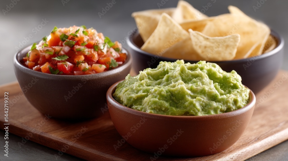 Vibrant bowls filled with creamy guacamole and zesty salsa sit alongside crispy chips, creating a colorful display perfect for a lively celebration or casual get-together with friends