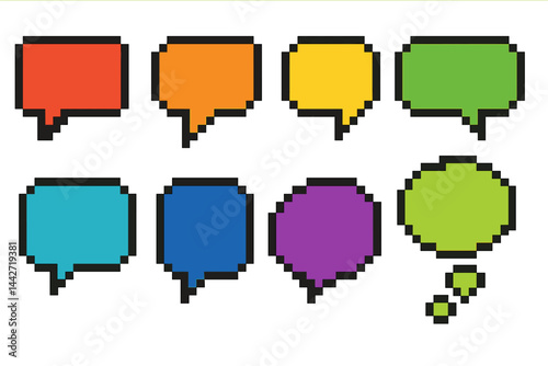 Colorful pixel speech bubbles arranged in a grid pattern with bright backgrounds expressing different emotions and thoughts