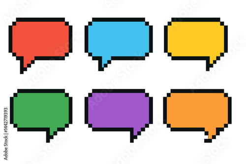 Colorful pixelated speech bubbles arranged in a grid format for digital communication representation