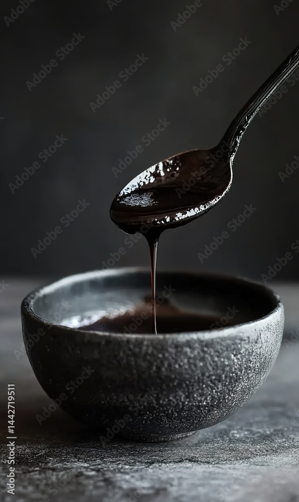 Spoon pouring dark seeded liquid into black bowl with white powder on dark surface. Spoon pouring dark seeded liquid into black bowl with white powder on dark surface.