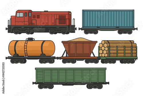 Flat vector illustration of a freight train with various cargo cars on tracks for transportation logistics