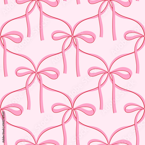 Coquette bows seamless pattern. Cute charming hand drawn vector print. A whimsical mix of vintage, Y2K and romantic styles, perfect for elegant greeting cards, gifts, fashion, and celebration designs.