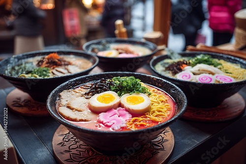 Steaming bowls of savory ramen noodles, filled with rich broths and fresh ingredients, served in the lively, vibrant Japanese street markets, capturing the heart of Japan's street food culture.  
