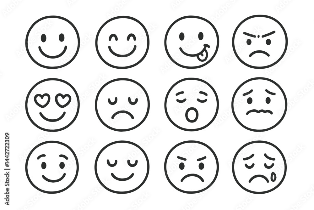 Collection of simple vector flat illustrations of various facial expressions showcasing emotions Collection of simple vector flat illustrations of various facial expressions showcasing emotions
