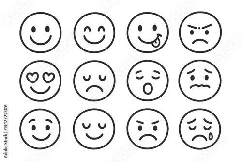 Collection of simple vector flat illustrations of various facial expressions showcasing emotions
