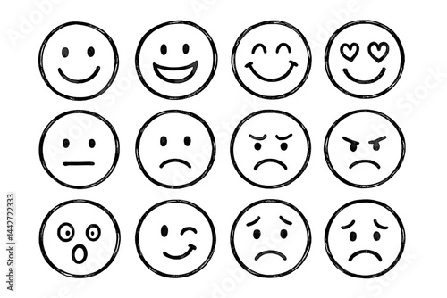 Collection of flat vector illustrations featuring various emoticons expressing different emotions and feelings