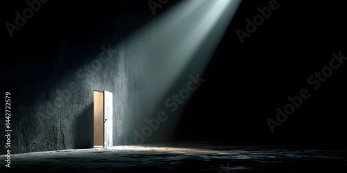 White door slightly ajar in a dark room, volumetric light streaming through onto a concrete floor, creating a dramatic and mysterious cinematic ambiance.  