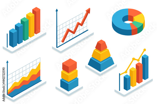 Colorful vector flat illustration of various data visualization charts and graphs featuring bar charts, line graphs, pie charts, and area charts