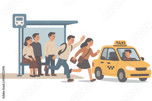 People wait at a bus stop while a young woman and man hail a passing taxi on the street at midday