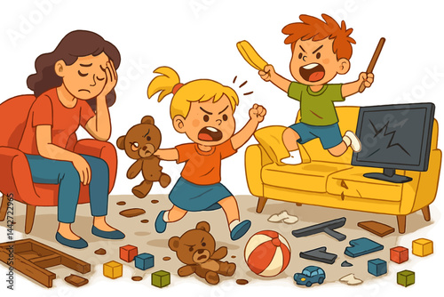 Kids causing chaos in living room while mom feels overwhelmed by their playful antics and mess