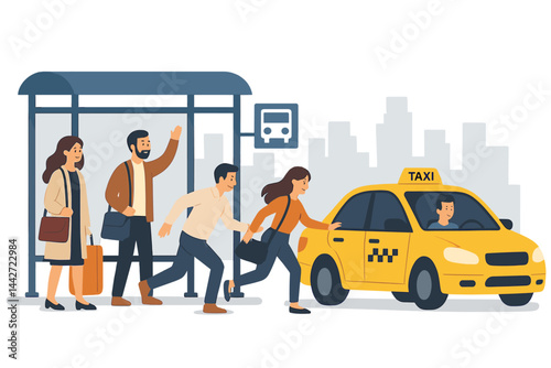 People hailing a taxi at a bus stop in a bustling city setting during daylight hours