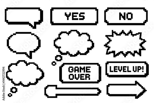 Vector flat illustration of various game-related dialogue boxes in pixel art style, featuring text prompts for decisions and outcomes