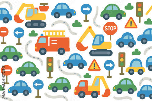 Colorful vector illustration depicting various vehicles, traffic signs, and road elements in a playful design for children's educational themes