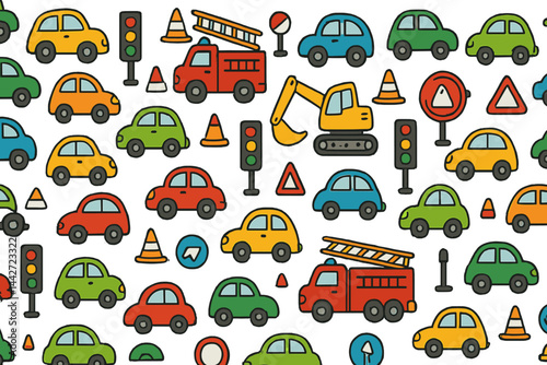 Colorful vector flat illustration of vehicles and traffic signs in a busy urban setting with construction elements