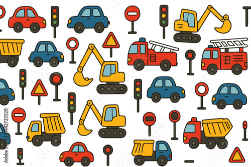 Colorful vector flat illustration of various vehicles and traffic signs on a white background suitable for educational purposes