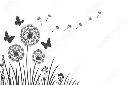 Delicate butterflies fluttering around dandelion flowers in a serene natural setting
