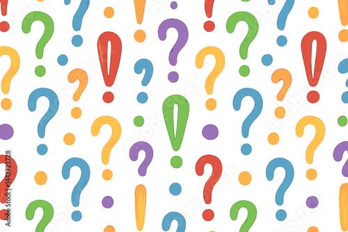 Colorful vector illustration featuring question marks and exclamation points on a white background