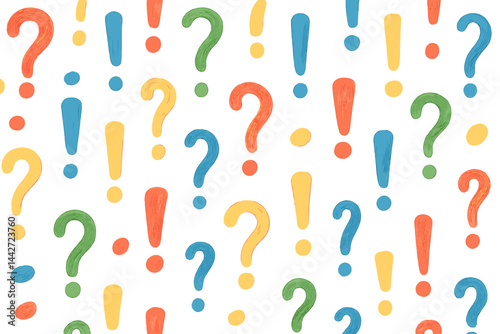 Colorful pattern of question and exclamation marks expressing curiosity and excitement in a playful design