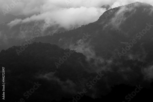 Mountains pierce the sky, wrapped in drifting clouds. Mist dances across ridges, veiling peaks in mystery. A serene, powerful landscape where earth and sky silently merge.